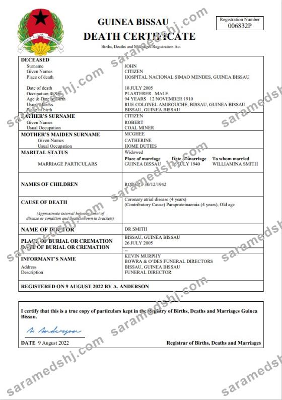 Guinea Bissau death certificate